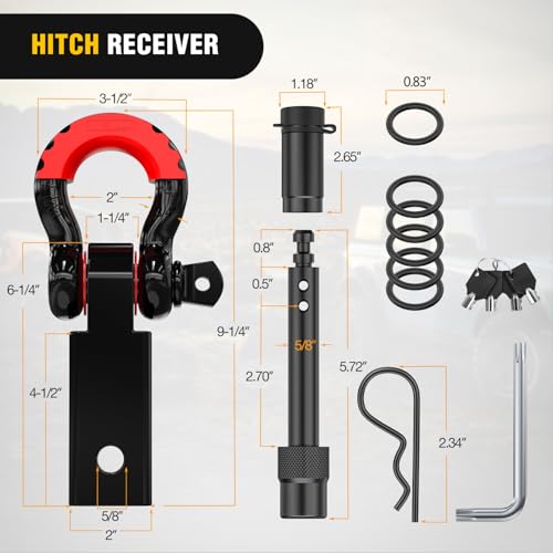 Nilight 3" x20' Tow Strap Kit 2" Receiver 3/4" Anti-Theft D-Ring Shackles - color: 20ft Tow Strap +D-Ring Shackle +Hitch