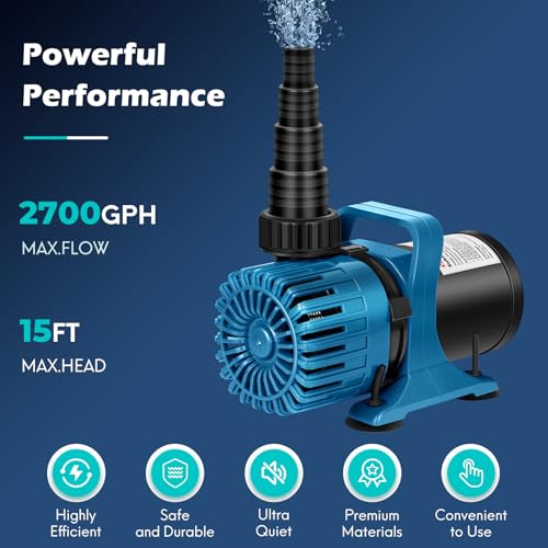 TONGCHANT 2700 GPH Pond Pump for Fish Pond Fountain & Waterfall, 15FT Lift - size: 2700GPH-120W