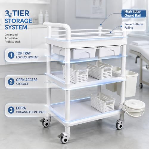 3 Tier Storage Cart with Dual Drawers, ABS Bins and PU Casters