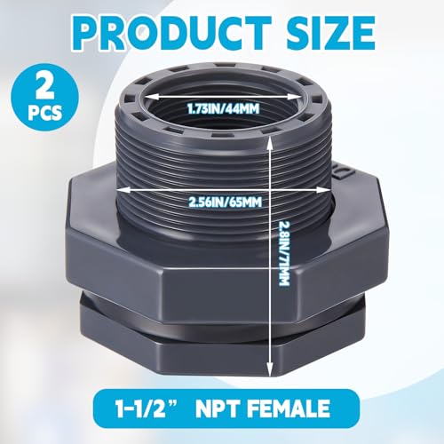 2 Pcs 1-1/2 Inch Bulkhead Fitting PVC Npt Tank Connector - size: 1-1/2 Inch