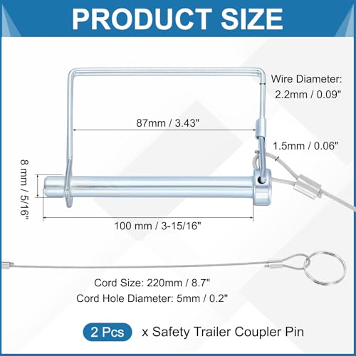 PATIKIL 2 Pcs Trailer Coupler Pins, 5/16" x 1-9/16" (8mm x 100mm) Square Shaft Locking Pin with Ear Extended Cord Quick Release Ring Round Arch Wire Retainer for Farm Trailers Hitches - size: 5/16" x 3-15/16"