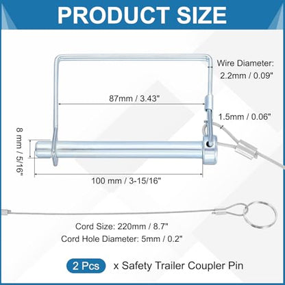 PATIKIL 2 Pcs Trailer Coupler Pins, 5/16" x 1-9/16" (8mm x 100mm) Square Shaft Locking Pin with Ear Extended Cord Quick Release Ring Round Arch Wire Retainer for Farm Trailers Hitches - size: 5/16" x 3-15/16"