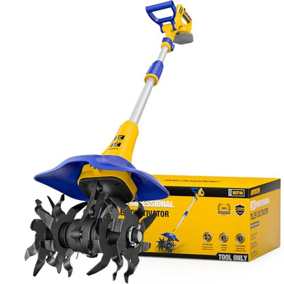 Electric Tiller for Gardening Compatible with Dewalt 20V Battery(Tool Only),330RPM Garden Tiller with 48 Steel Tines,9'' Tilling Width & 6.5'' Depth Rototillers for Lawn/Soil Cultivation - color: Yellow
