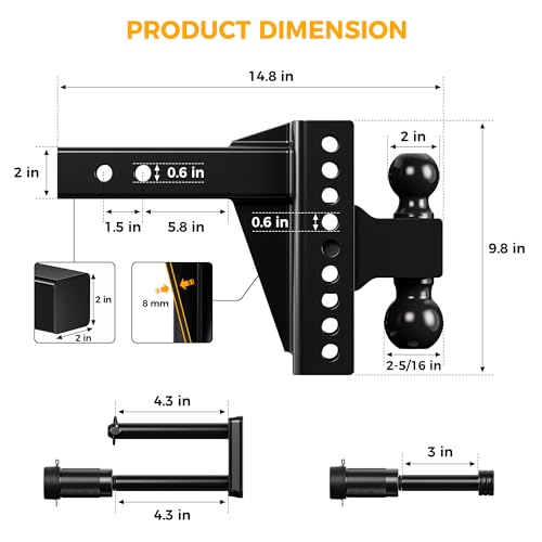 CAMMOO Adjustable Trailer Hitch for 2inch Receiver & 6 inch Rise/Drop Hitch - size: 2"x6"