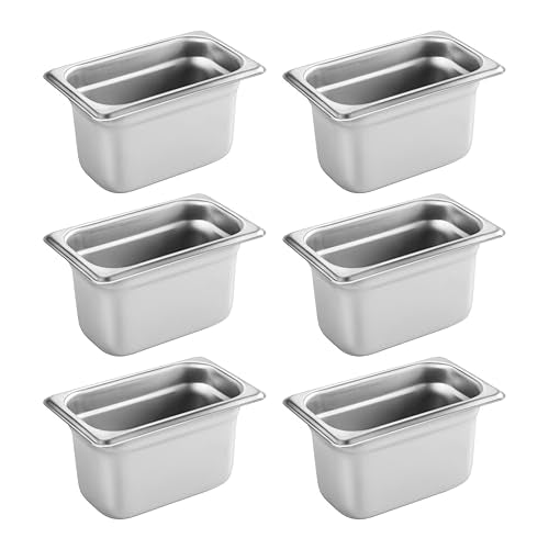 New Star Foodservice 1/9 Size Stainless Steel Steam Table Pan, 7.0 x 4.3 x 4.0 Inches, 18/8 Stainless Steel, 24 Gauge, NSF Certified (Set of 6) - size: 1/9 Size, style: 4" Deep