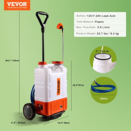 VEVOR 4 Gallon Battery Powered Backpack Sprayer with Wheeled Cart, Adjustable 0-94 PSI, 13FT Hose, 6 Nozzles, 2 Wands Included, Wide Mouth Lid for Weeding, Cleaning, Long Spray Time Without Fatigue - size: 4 Gal with Cart