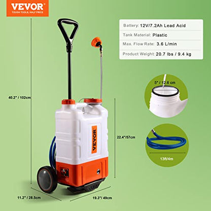 VEVOR 4 Gallon Battery Powered Backpack Sprayer with Wheeled Cart, Adjustable 0-94 PSI, 13FT Hose, 6 Nozzles, 2 Wands Included, Wide Mouth Lid for Weeding, Cleaning, Long Spray Time Without Fatigue - size: 4 Gal with Cart