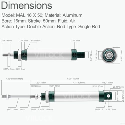 MAL16x50 Mini Air Cylinder 16mm Bore 50mm Stroke Double Acting - size: 16mm x 50mm