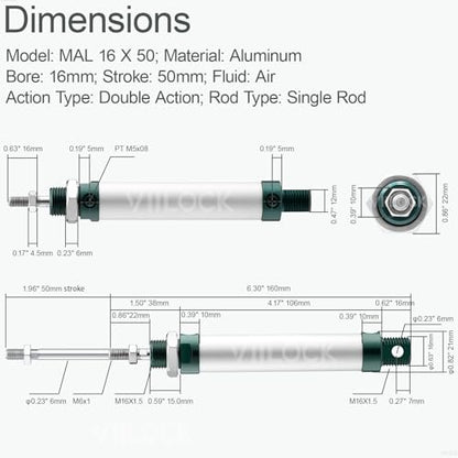 MAL16x50 Mini Air Cylinder 16mm Bore 50mm Stroke Double Acting - size: 16mm x 50mm