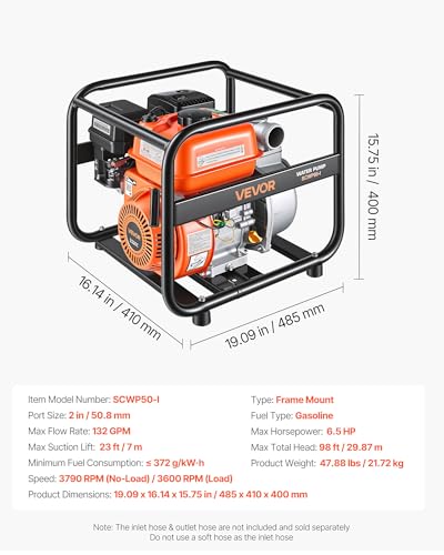 VEVOR Gas Powered Water Pump, 2 in, 132 GPM 6.5HP Semi Trash Water Transfer Pump Portable, Gasoline Engine with 25 ft Discharge Hose, Heavy Duty Frame, Cast Iron Impeller, for Irrigation, Ponds, Pools - size: 2in 6.5 HP 132GPM
