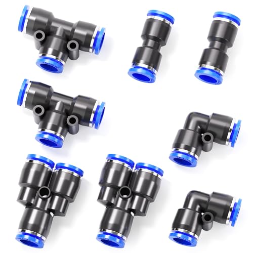 TAILONZ 1/4" Push to Connect Fitting Splitters+Elbows+Tees+Straight 8pcs - color: Blue, size: 1/4"OD/8PCS