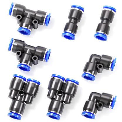 TAILONZ 1/4" Push to Connect Fitting Splitters+Elbows+Tees+Straight 8pcs - color: Blue, size: 1/4"OD/8PCS