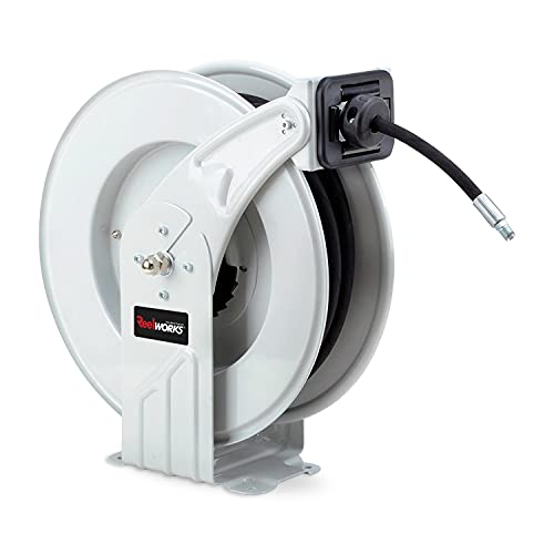 REELWORKS Grease-Hose-Reel Retractable 1/4" Inch x 50' Feet ELITE Long Premium Commercial SAE.100R2AT Hose MAX 5800 PSI Spring Driven Steel Construction Heavy Duty Industrial Dual Arm & Pedestal