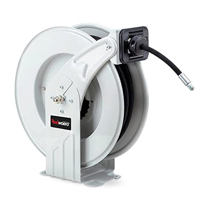 REELWORKS Grease-Hose-Reel Retractable 1/4" Inch x 50' Feet ELITE Long Premium Commercial SAE.100R2AT Hose MAX 5800 PSI Spring Driven Steel Construction Heavy Duty Industrial Dual Arm & Pedestal