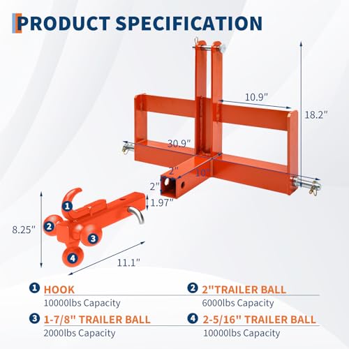 3 Point Trailer Hitch with 2" Receiver for Category 1, 3 Pt Tractor Quick Hitch Drawbar