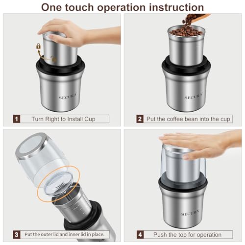 Secura Electric Coffee Grinder and Spice Grinder with 2 Stainless Steel Blades Removable Bowl | 2 Stainless Steel Blades Removable Bowls, For Spice, Coffee Bean, Dry and Wet Ingredients Grinding - color: Stainless, size: 2 removable bowl