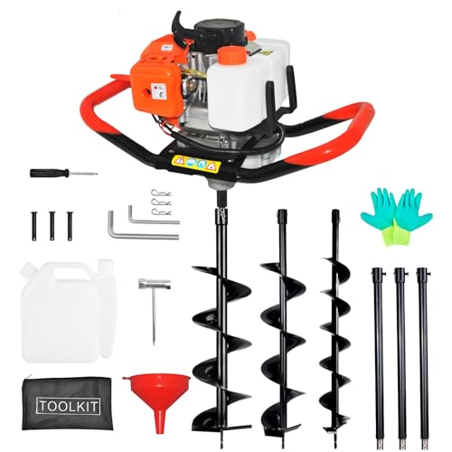 Post Hole Digger, 62CC 2 Stroke Auger Post Hole Digger, Gas Powered Earth Digger 3 Auger Drill Bits(3"& 6"& 8'') and 3 Extension Rods for Farm Garden Plant - style: 62cc morden Digger