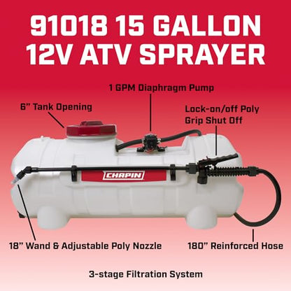 Chapin 91018 15 Gallon ATV/UTV 12 Volt Mounted Spot Sprayer, Made in the USA