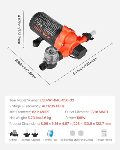 VEVOR Water Pressure Pump, 110V AC 4 GPM, 3-Chamber On Demand Electric Diaphragm Water Transfer Pump, 45 PSI Max Pressure, Automatic Pressure Switch, for Home Kitchen Garden Irrigation Car Washing - size: 8.96 × 5.14 × 4.87 in