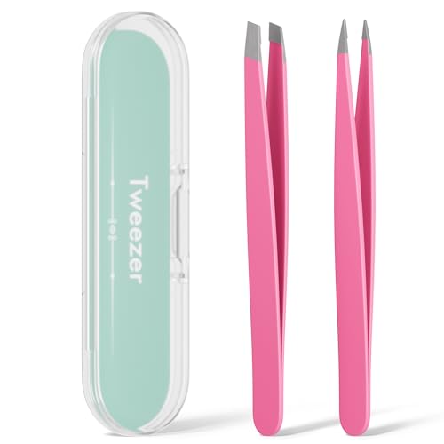 Tweezers for Women Facial Hair, Slant & Pointed Tweezers for Eyebrows, Ingrown Hair, Splinter Removal, 2 Pack Tweezer Set, Professional Stainless Steel Eyebrow Tweezers for Men and Women, Pink - color: Pink - 2 Pack