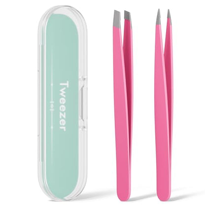 Tweezers for Women Facial Hair, Slant & Pointed Tweezers for Eyebrows, Ingrown Hair, Splinter Removal, 2 Pack Tweezer Set, Professional Stainless Steel Eyebrow Tweezers for Men and Women, Pink - color: Pink - 2 Pack
