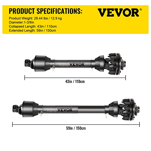 VEVOR PTO Shaft, 1-3/8" 6 Spline Tractor and Implement Ends PTO Driveline Shaft, Series 4 Tractor PTO Shaft, 43"-59" Brush Hog PTO Shaft with Slip Clutch Black, for Finish Mower, Rotary Cutter - size: 43"-59"