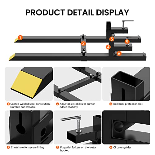 Clamp On Pallet Forks 60 in 2000 LBS with Adjustable Stabilizer Bar, Heavy Duty Front Loader Forks, Fork Attachment for Skid Steer, Loader Bucket - size: 60" 2000Lbs Bar