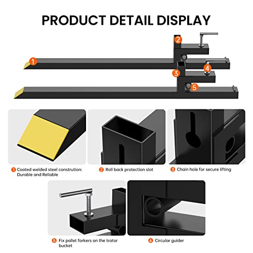 60" Clamp on Pallet Forks, 2000 lbs Total Length Heavy Duty Pallet Forks with Adjustable Stabilizer Bar, Tractor Fork Attachment for Loader Bucket, Skid Steer - size: 60 inch 2000lbs