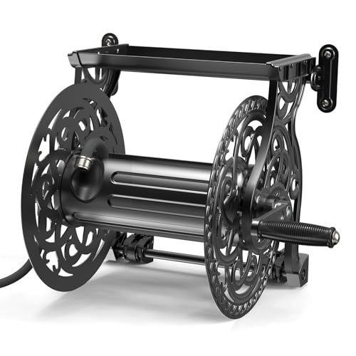 Relhost Garden Hose Reel Wall Mount for 5/8" x 135ft Hose, Aluminum Water Hose Reel with Metal Storage Tray, Lightweight & Corrosion-Resistant Hose Holder for Outside Use, Easy to Assemble and Mount - size: 135FT