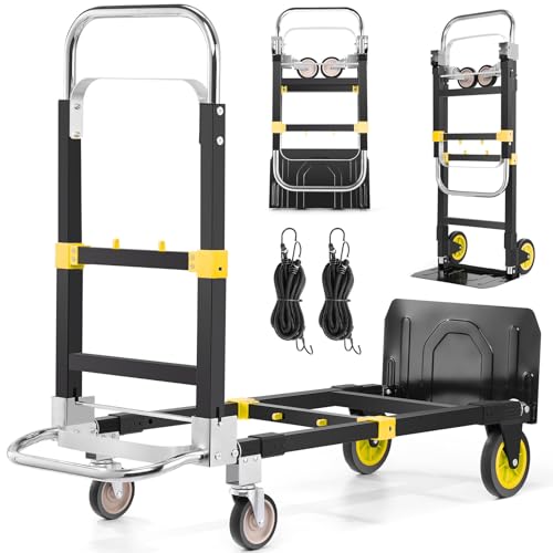 3-in-1 Convertible Hand Truck, Heavy Duty 600LBS Folding Dolly Cart | Foldable Cart with Expandable Base, Silent Rubber Wheels, Telescopic Handle & Bungee Cords for Warehouse, Office (Yellow) - color: Yellow-1