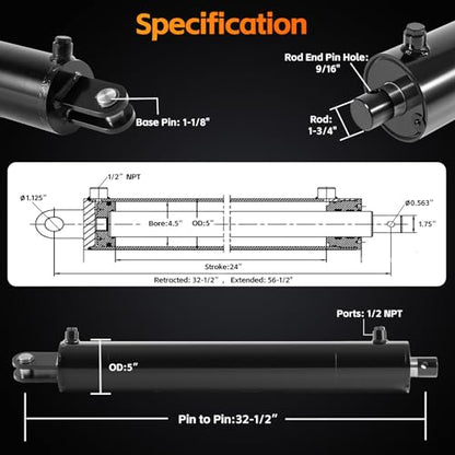 4.5x24 Hydraulic Log Splitter Cylinder – 4.5" Bore x 24" Stroke x 1.75" Rod, Welded Double Acting Cylinder for Wood Splitter, 3500 PSI, 1/2" NPT Ports – Universal Heavy Duty Hydraulic Cylinders