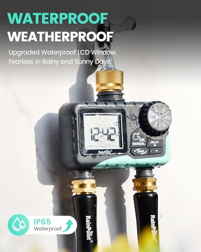 RAINPOINT Sprinkler Timer 2 Outlet, Water Timer for Garden Hose, Programmable Drip Irrigation for Yard Outdoor Watering, Rain Delay/Manual/Automatic