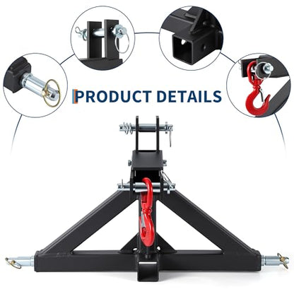 Heavy Duty 3-Point Quick Hitch Receiver for Category 1 Tractors, 2" Drawbar Adapter & Towing Hook, High Strength Construction for Implements & Trailers, Black