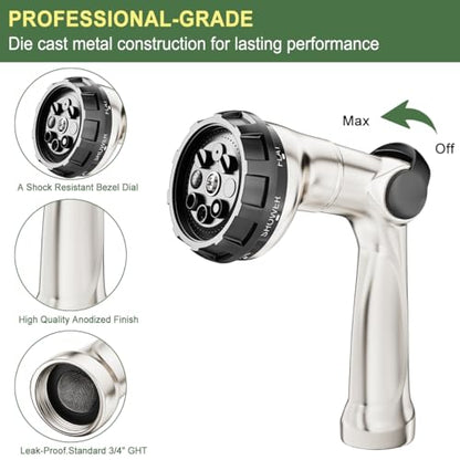 FANHAO Thumb Control Garden Hose Nozzle Heavy Duty Metal, 8 Spray Patterns - color: Silver