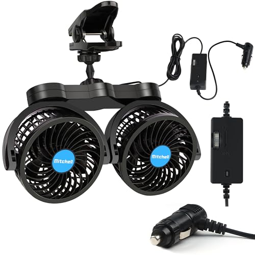 Alagoo 12V Car Fan, Adjustable 4 Inches Dual Head Car Clip Fan for Front/Rear Seat Passenger, 360° Rotatable Cars Fans with Stepless Speed Regulation for Car/Vehicle SUV, RV - color: Cigarette Dual Fan - Clip