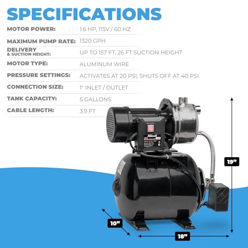 XtremepowerUS 1.6HP Shallow Well Pump with Pressure Tank, 1320GPH, 115V, Pressure Switch, Automatic Water Booster Jet Pump for Home, Garden, Lawn - size: 1.6 HP with Pressure Tank (Black)