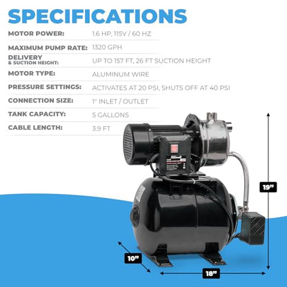 XtremepowerUS 1.6HP Shallow Well Pump with Pressure Tank, 1320GPH, 115V, Pressure Switch, Automatic Water Booster Jet Pump for Home, Garden, Lawn - size: 1.6 HP with Pressure Tank (Black)