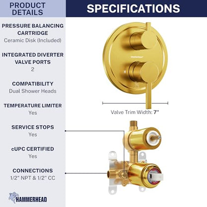 HammerHead Showers Solid Metal Two-Handle Shower Valve and Trim Kit, Volume and Temperature Control with Integrated Diverter, Pressure Balance Rough-In Valve Included, Brushed Gold - color: Brushed Gold