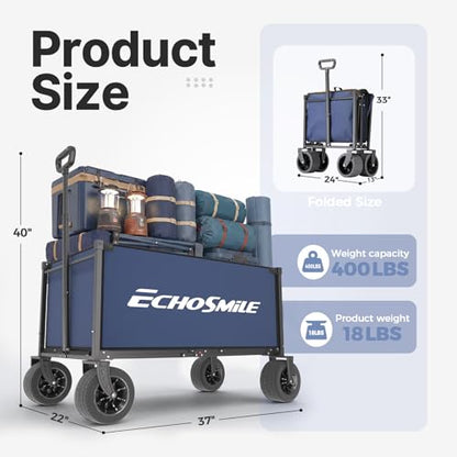 EchoSmile Collapsible Wagon Cart, Heavy Duty 400lbs Capacity, Blue - color: Blue&orange