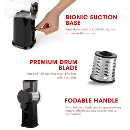 Rotary Cheese Grater Hand Crank with Foldable Handle, Three Blades - color: Black