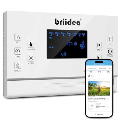 8 Zones WiFi Smart Sprinkler Controller, Briidea Automatic Irrigation Controllers with Customized Watering Schedule & Seasonal Adjustment, Water Efficiently and Keep Your Plants Healthy, MK-117
