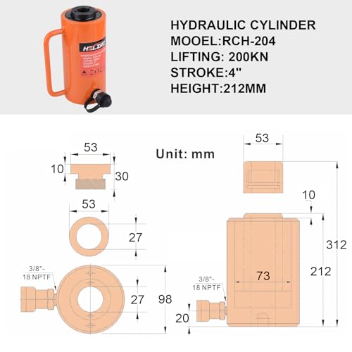 HZLZRZ 20T Hydraulic Cylinder Jack Hollow Single Acting Hydraulic Ram Cylinder, Hydraulic Lifting Cylinders 4"(101mm) and Porta Power Kit (RCH-204) - style: RCH-204