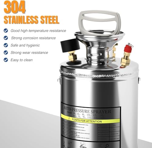 1.5 Gallon Hand Pump Sprayer, 304 Stainless Steel Garden Chemical Sprayer with Pressure Gauge, Adjustable Nozzle, 16" Sprayer Wand, 3.3ft Hose & Safety Valve