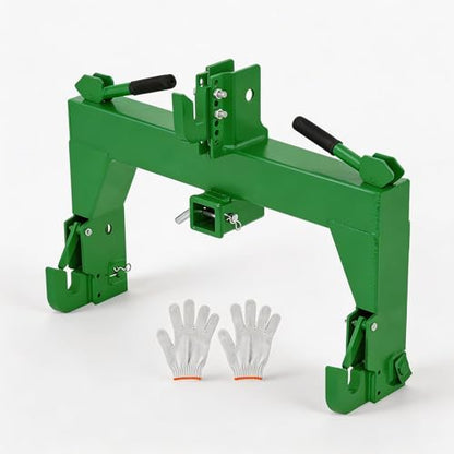 3-Point Quick Hitch for Tractors, 28 in Lower Arm Spacing, 3000 Lb Lift Capacity, 5-Position Adjustable Top Hook, Bolt-on No-Weld/No-Drill Adapter, Heavy-Duty 3x3 Steel, Powder-Coated Green - color: Green with Gloves