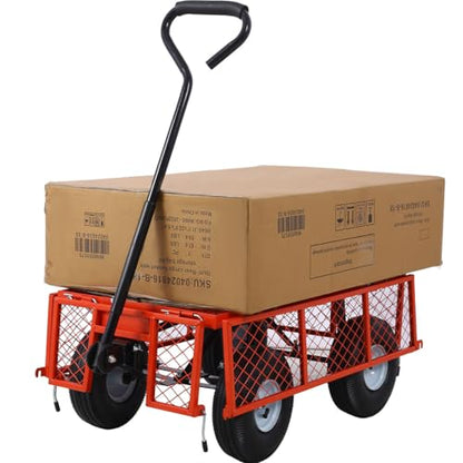 Steel Garden Cart, 550 lbs Capacity Heavy Duty Garden Wagons with Removable Steel Mesh, Sides to Convert Into Flatbed, Folding Utility Heavy Duty Wagons Carts for Yard, Garden, Farm,Red