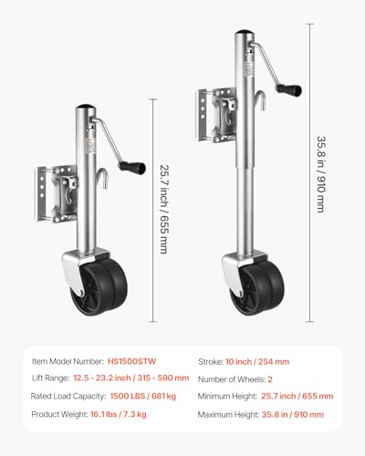 VEVOR 1500 lbs Trailer Jack with Wheel, Heavy Duty Swivel Boat Trailer Jack with PP Single Wheel & Ergonomic Handle, 12-inch Lift, Fit for RVs, Boats, Horse Trailers, Utility Trailers - size: 1500lbs Upgraded (12-inch Lift)