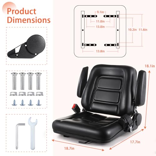 Universal Forklift Seat, Fold Down Tractor Seat with Adjustable Angle Back Armrest, Slot Forklift Seat for Tractor Excavator Skid Loader Backhoe Dozer Telehandler
