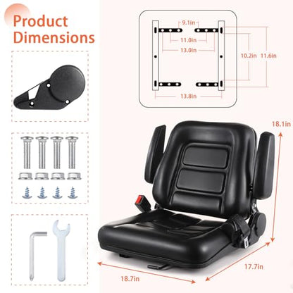 Universal Forklift Seat, Fold Down Tractor Seat with Adjustable Angle Back Armrest, Slot Forklift Seat for Tractor Excavator Skid Loader Backhoe Dozer Telehandler