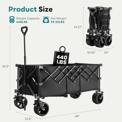OLIXIS 49"L Collapsible Wagon 440lbs, Folding Wagon Cart with Wheels, Black - color: Black