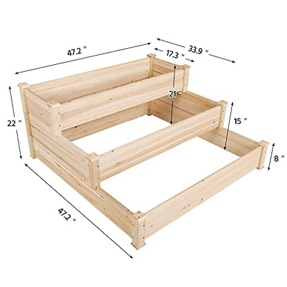 Yaheetech 3 Tier 47 x 47 x 22in Raised Garden Bed Horticulture Outdoor Elevated Flower Box Tiered Garden Bed Wooden Vegetables Growing Planter for Backyard/Patio/Gardener - color: Natural Wood